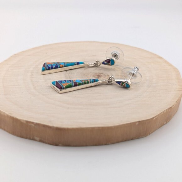 Handmade Native American Multi-Stones Dangle Earrings Sterling Silver Jewelry ** - Picture 8 of 11